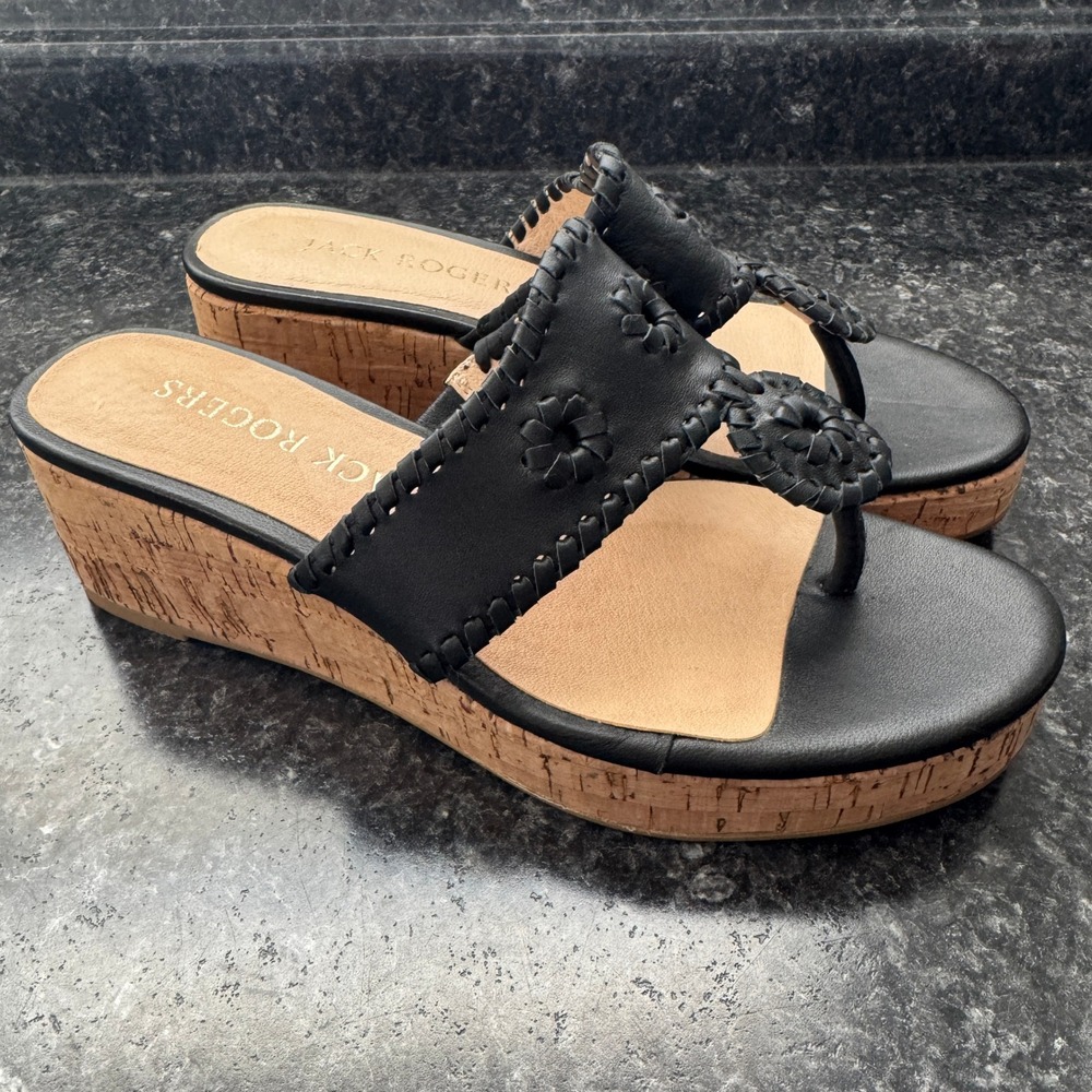 Jack Rogers Mid Wedge Cork Thong Sandals Women's Size 7 Woven Black Classic‎